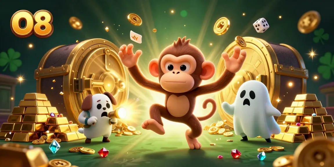 Experience thrilling action at O8's online casino with playful characters in a vibrant gaming scene.