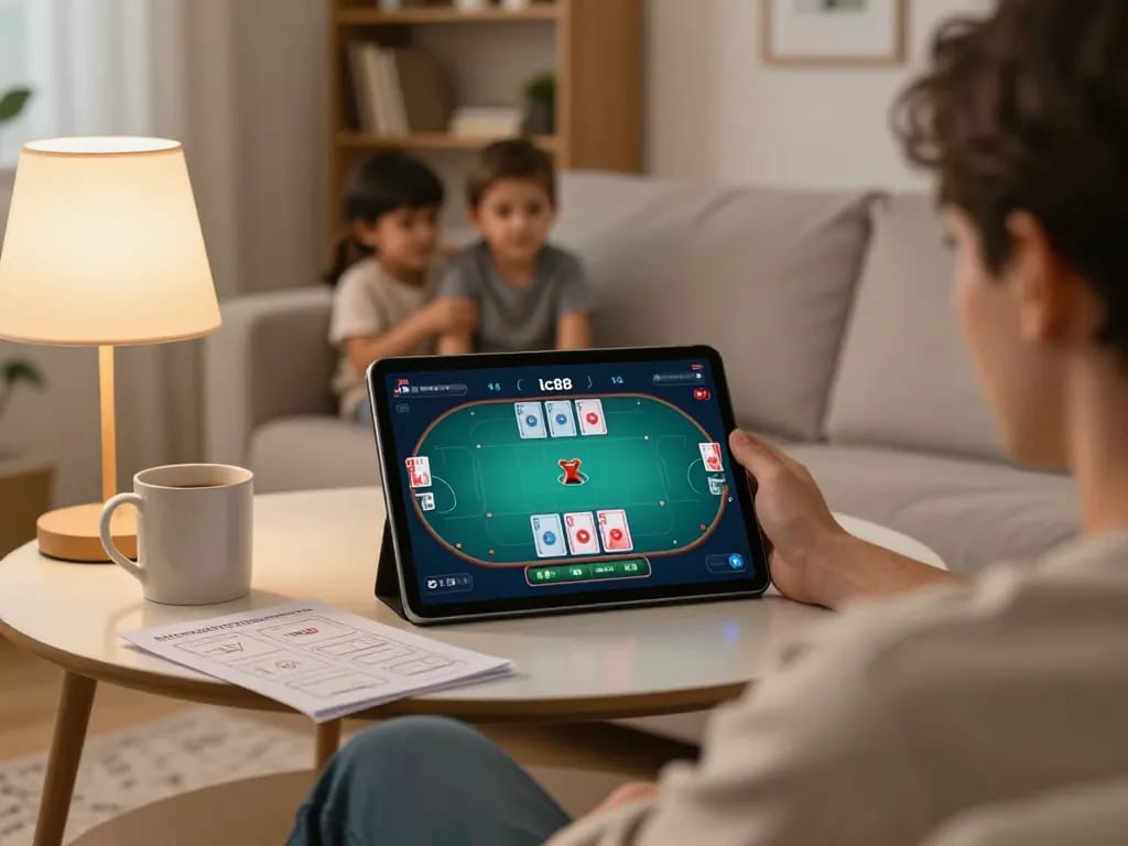 Engaged player using lc88 tablet for strategic online poker gameplay in a cozy home
