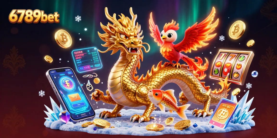 Spin the reels and win with 6789bet's vibrant 3D casino scene featuring lucky symbols and dragons.