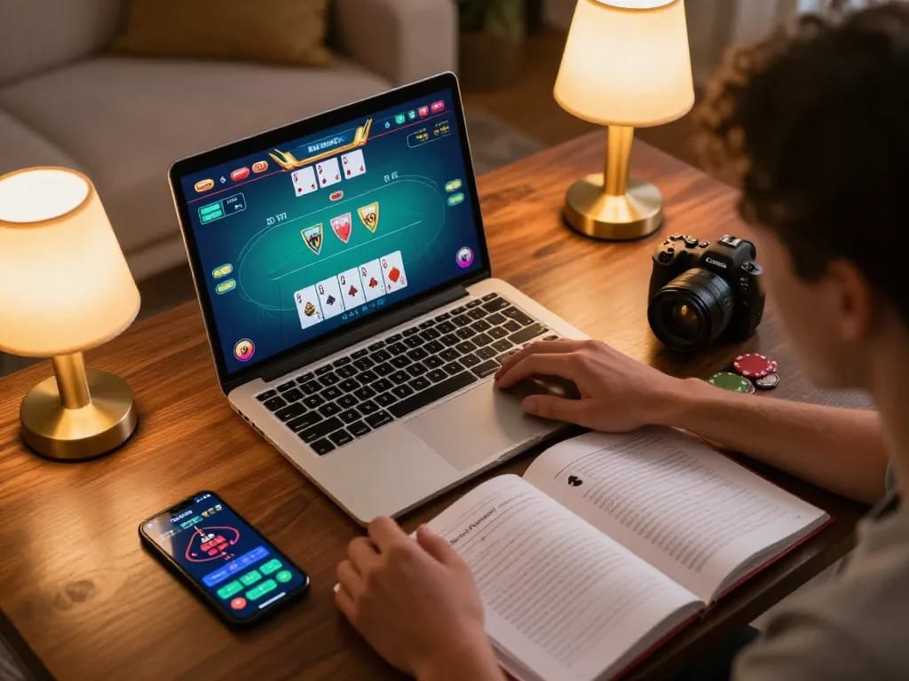 Engaged player strategizing winning poker moves on 89bet online platform during home gaming session.