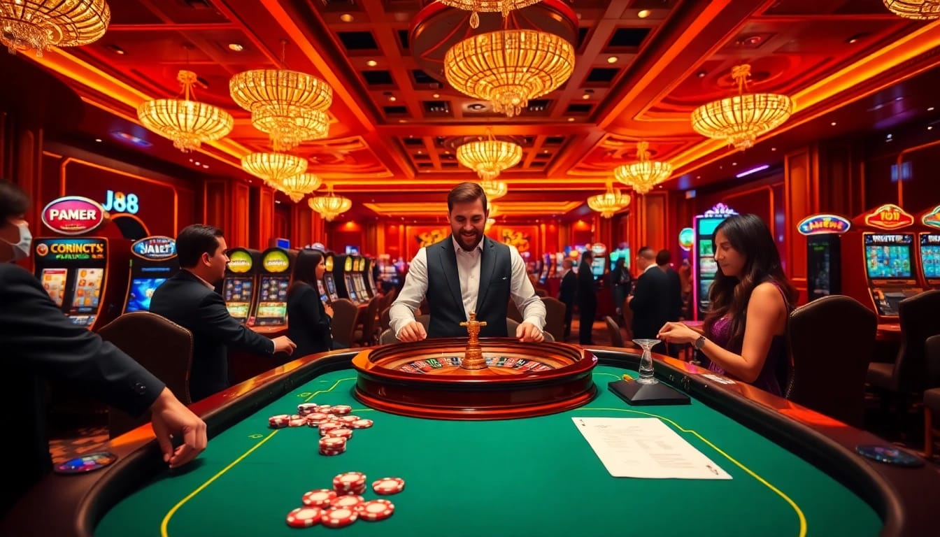 Engage in a vibrant casino night featuring j88-themed games and elegant gambling elements.