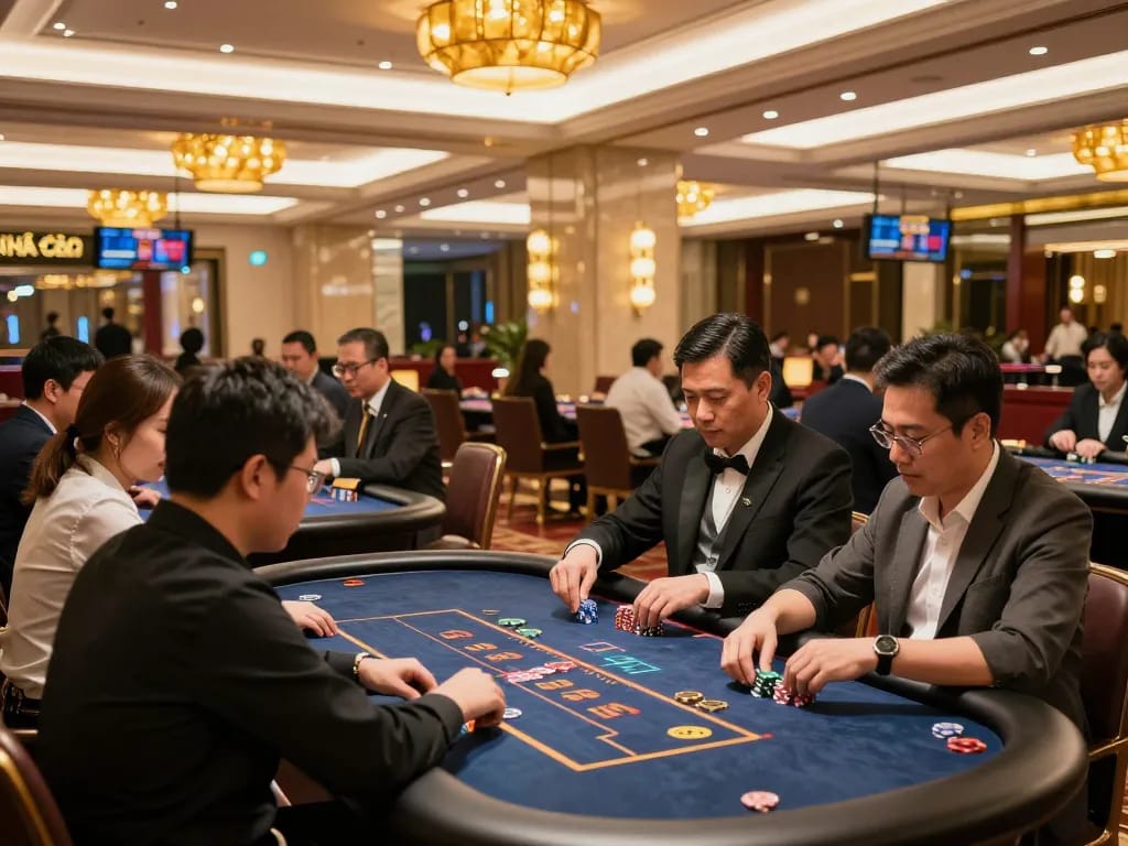 Players engaged in intense gameplay at NHÀ CÁI F168's live dealer table, showcasing excitement and strategic bets