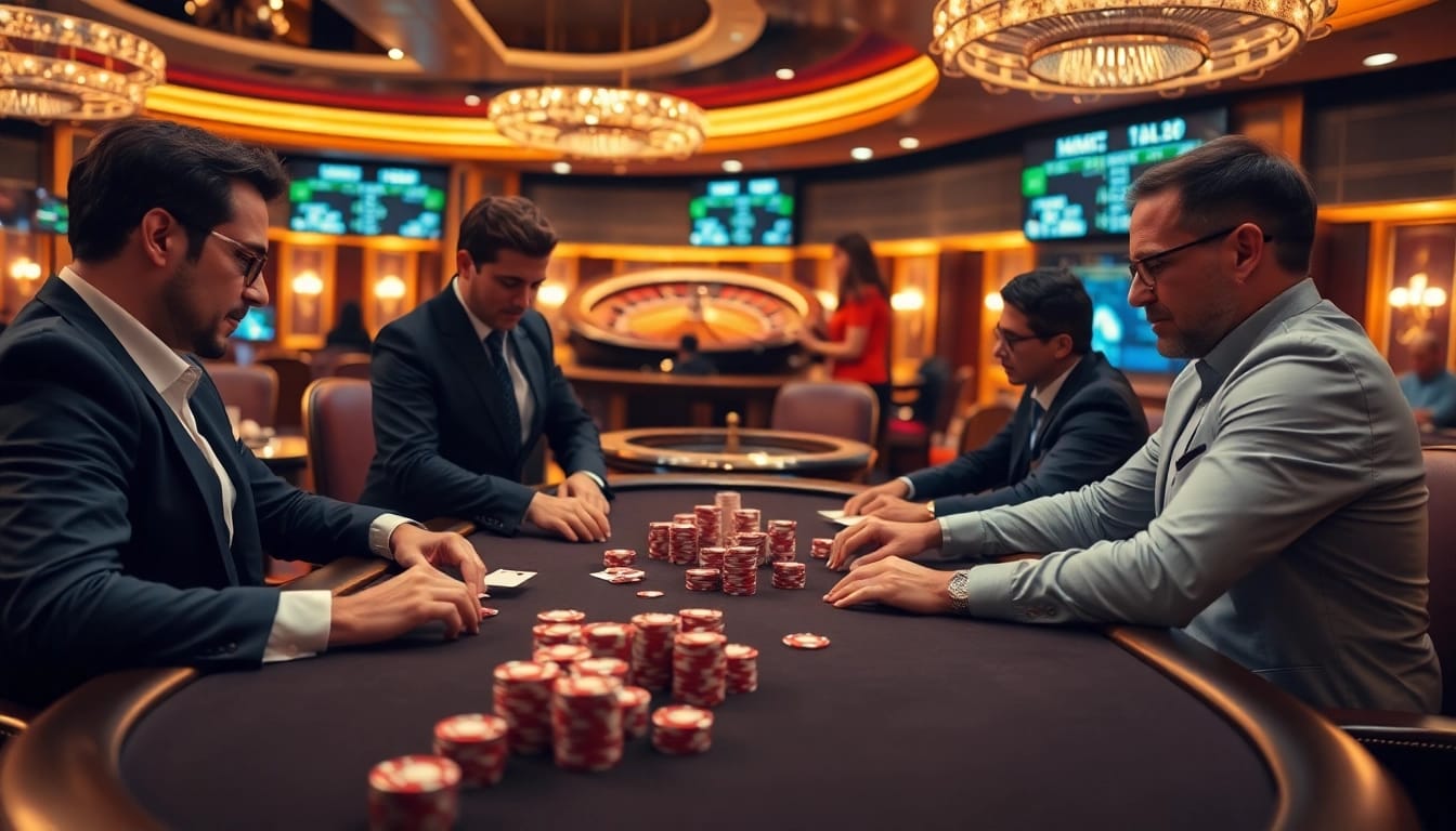 Intense poker game scene showcasing kqbd scores, luxurious casino ambiance, and professional players.