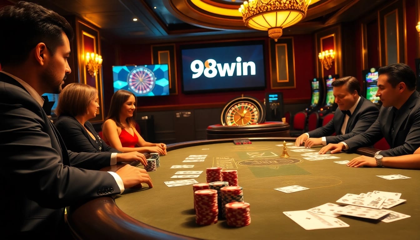 Players at a high-stakes poker table immersed in action at a luxurious casino, representing 98win's thrilling experience.