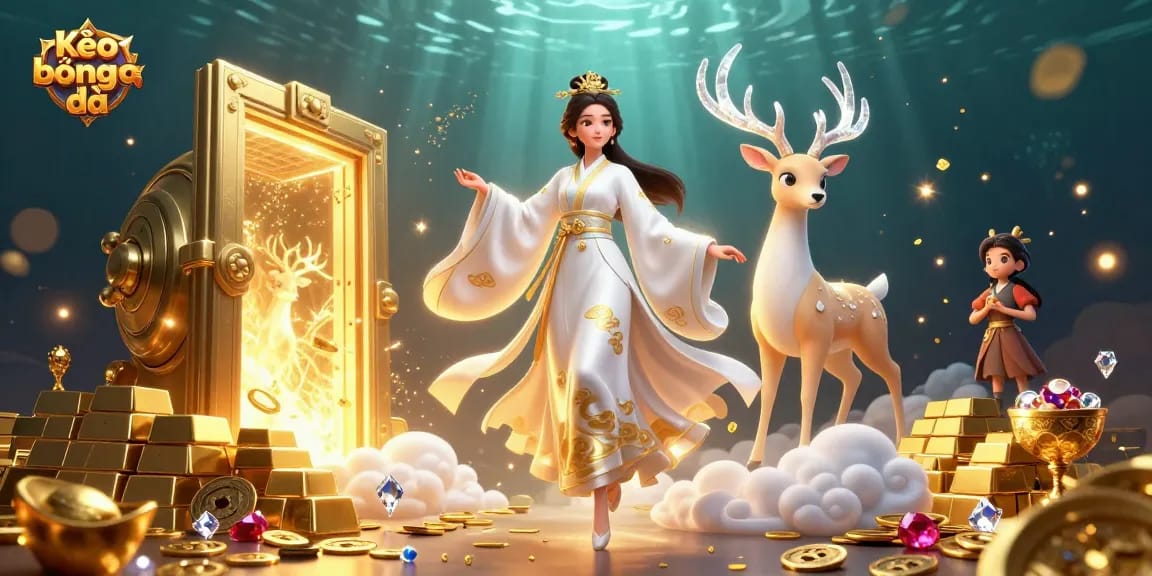 Engage with Kèo bóng đá through a vibrant, immersive 3D illustration showcasing a beautiful Asian woman and magical elements in a dynamic casino setting.