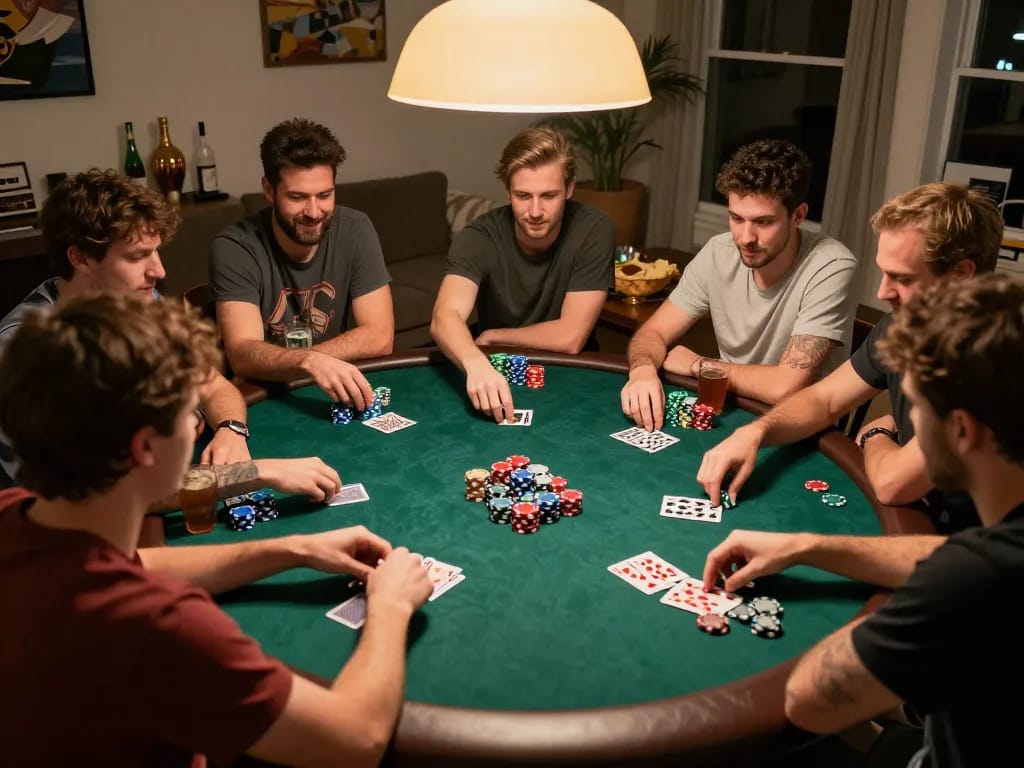 Engaging moment at home poker night showcasing Link đăng ký Rik88 as players strategize and enjoy the game