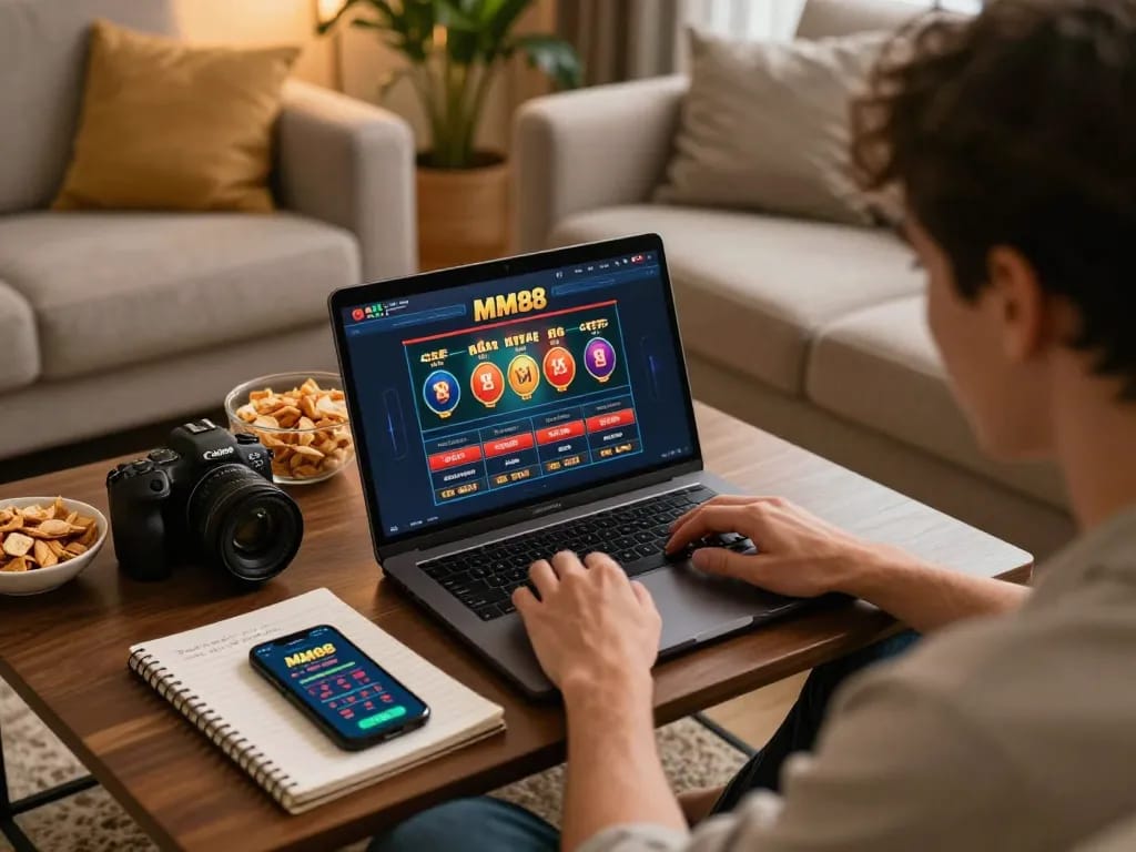 Engaging in online gambling at https://mm88.se.net/ while enjoying snacks and strategy notes in a cozy home.