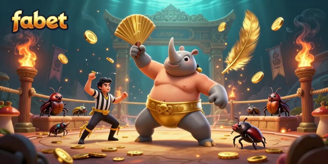 Experience fabet's thrilling energy with a 3D sumo beetle champion in an action-packed casino arena.