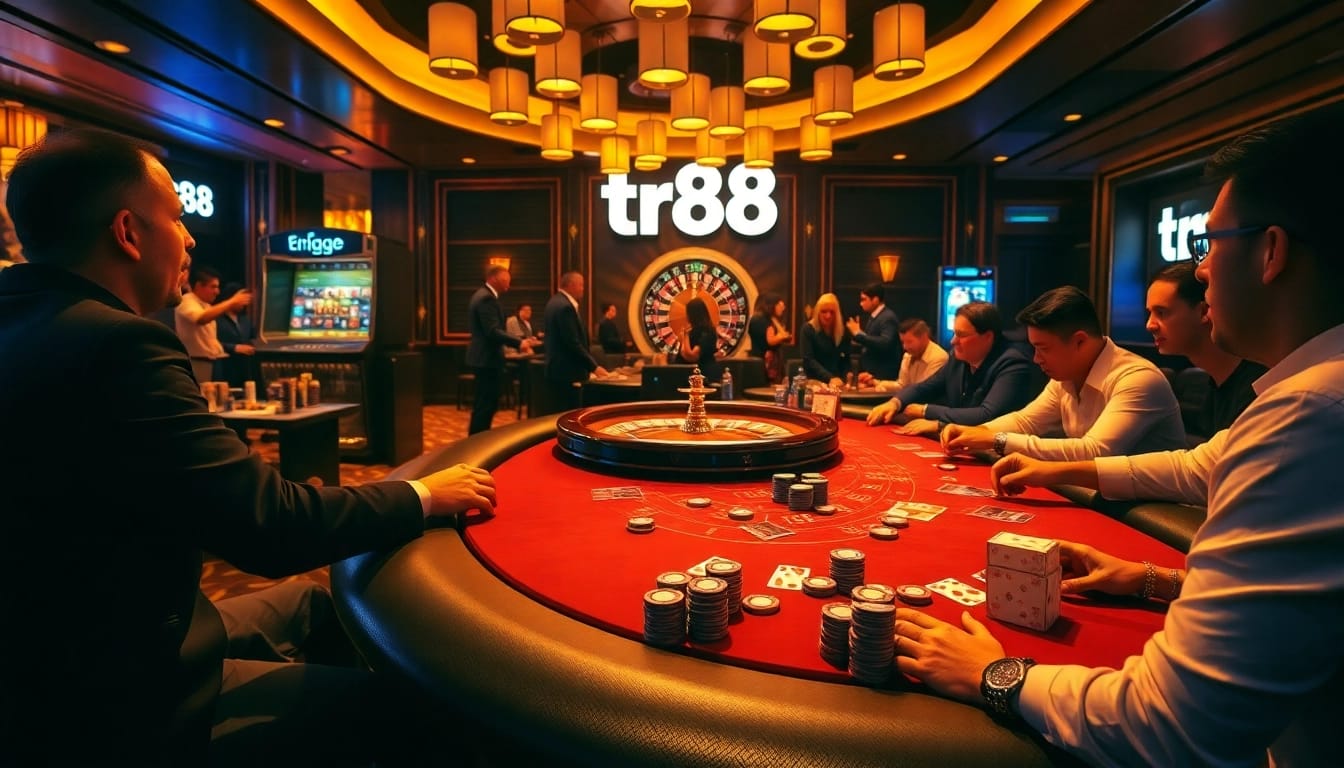 Experience an exhilarating game of poker at TR88 casino with vibrant chips and elite players.