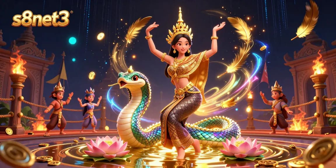 S8net3 showcases vibrant gaming atmosphere with Asian woman, Naga serpent, and golden tokens.
