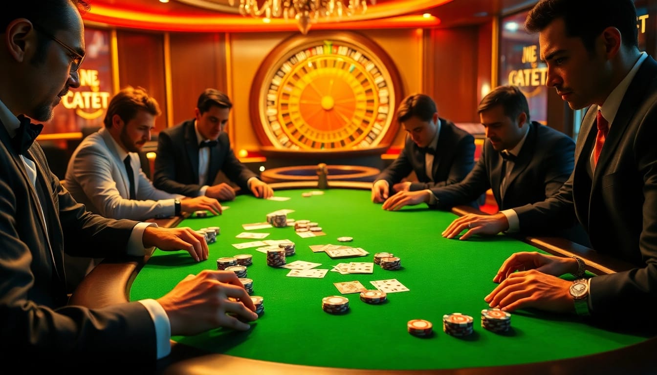 Experience thrilling gameplay at e2bet .com with a high-stakes poker table, dazzling chips, and a roulette wheel.