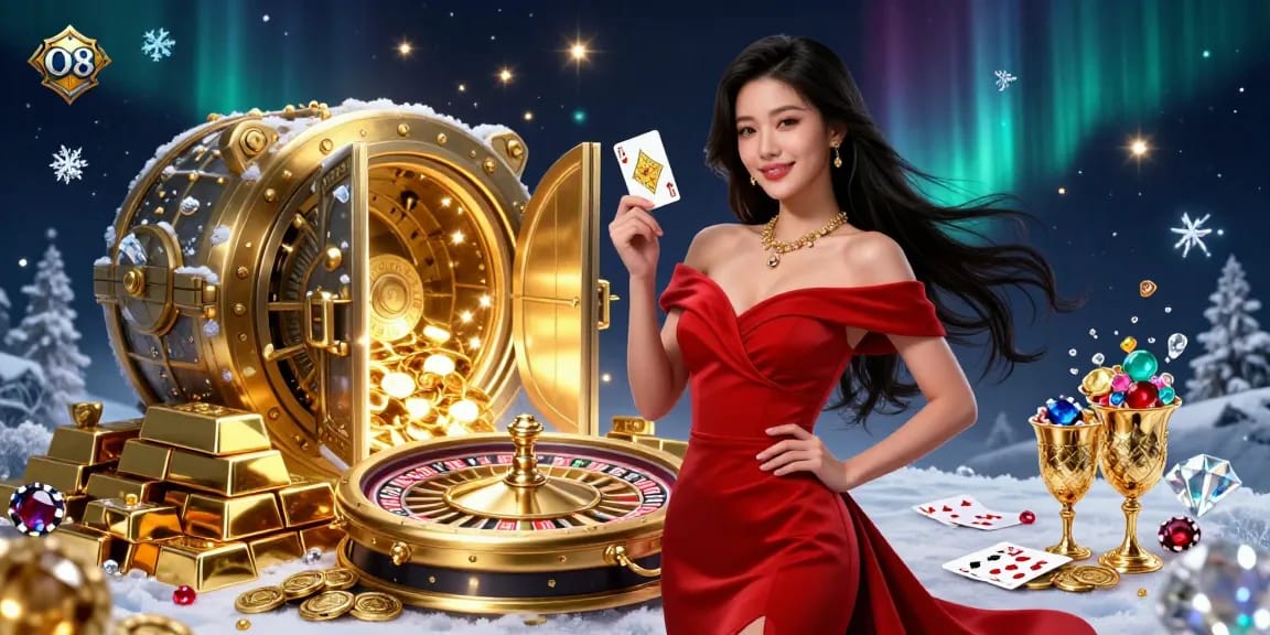 Engage in thrilling gameplay with O8 as a beautiful dealer showcases a golden playing card and poker chips.