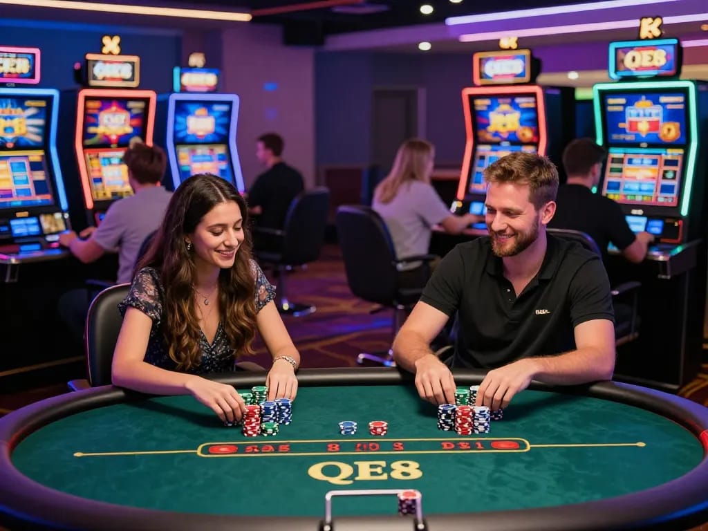 QE8 INK gaming scene with players at a poker table celebrating wins in lively, energetic atmosphere.