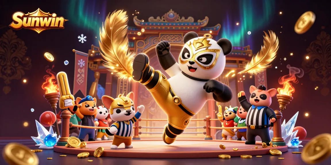 Experience the excitement of Sunwin with a vibrant casino scene featuring a panda wrestler and cheering spectators.