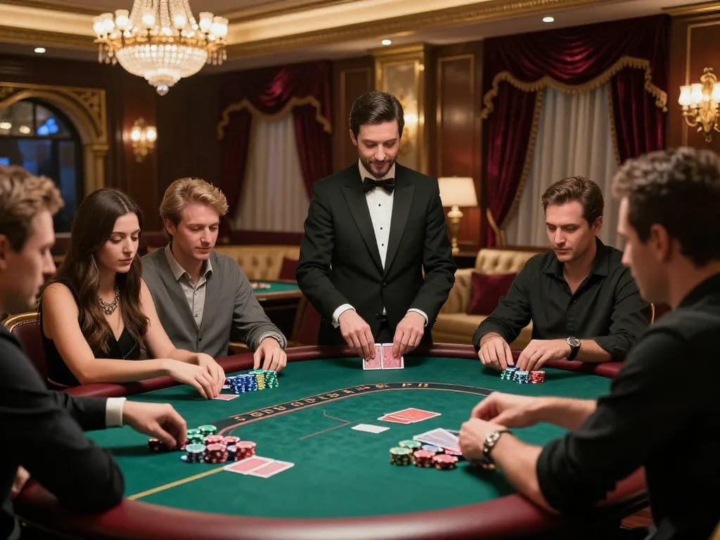 Engaged players enjoying the 58winwin vip experience in a luxurious poker setting, showcasing strategic gameplay.