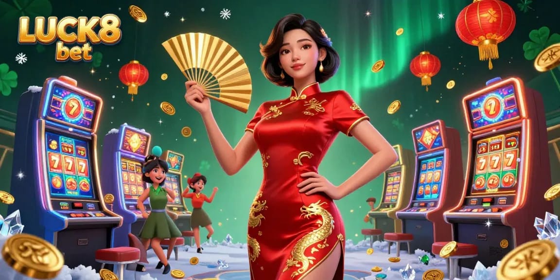 Luck8 bet showcases an exciting casino environment with vibrant slot games and radiant characters.
