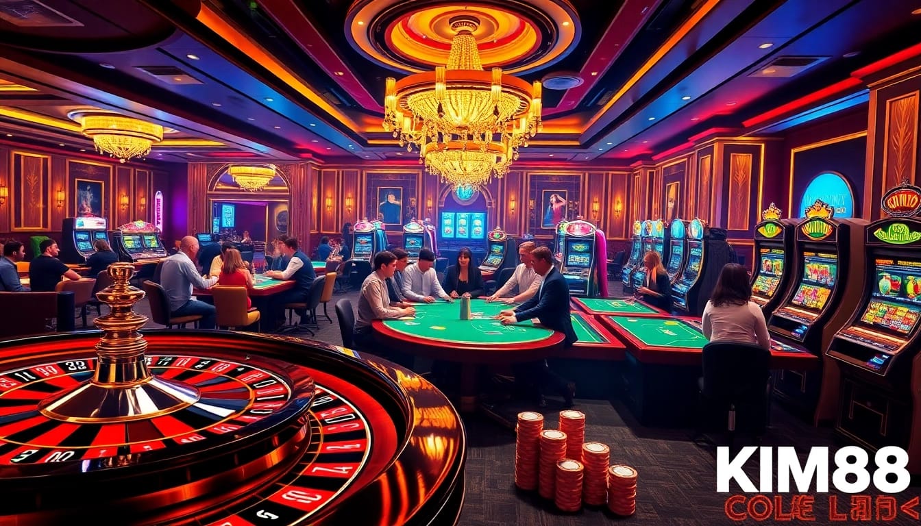 KIM88 players enjoying an exciting game at a luxurious casino with poker chips and a roulette wheel.