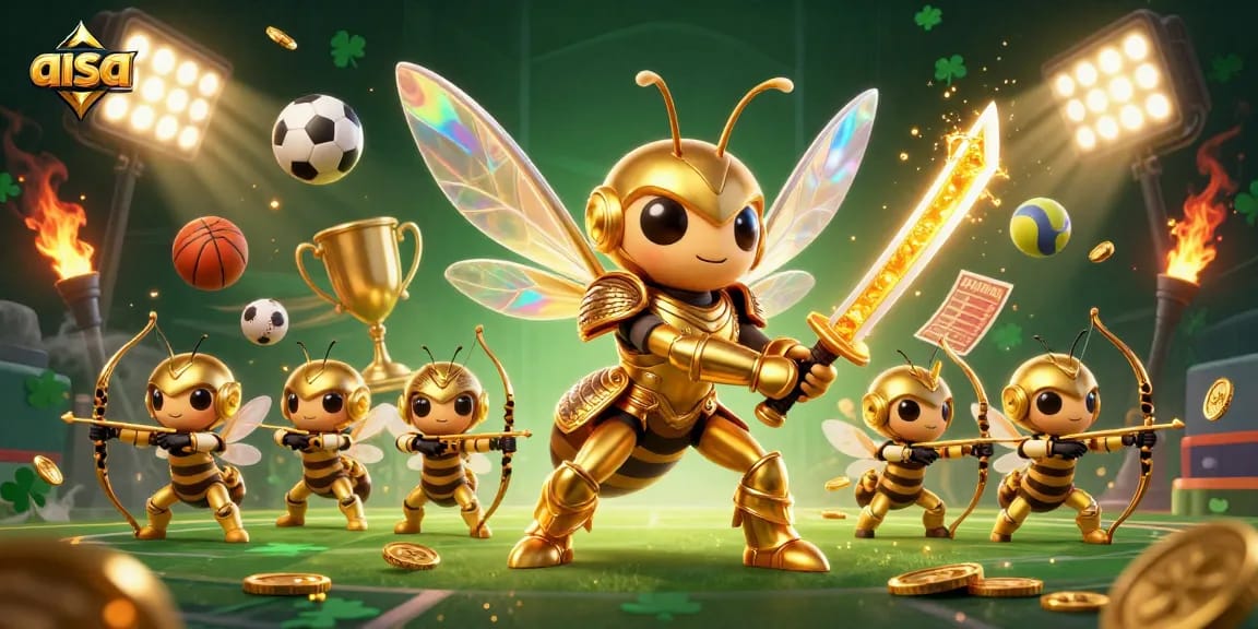 AISA sports betting scene with a golden hornet warrior, dynamic sports elements, and glowing action.