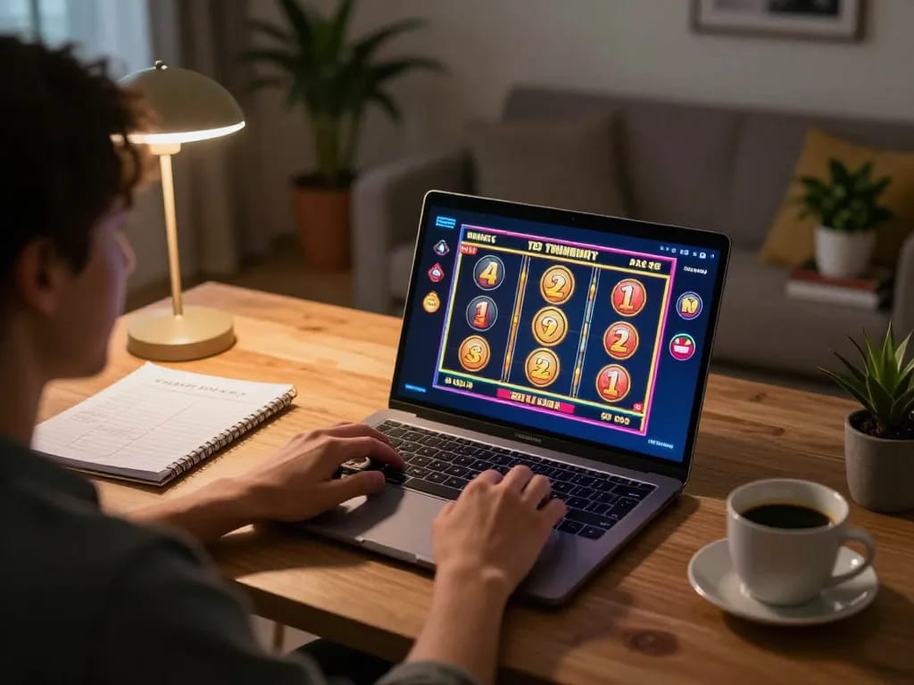 Engaging in online gaming with Link mới Bom88 on a laptop, showcasing a winning casino experience.