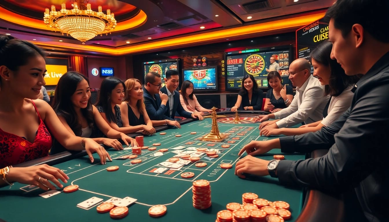 Players enjoying the thrill of NK88 at a luxurious casino table with vibrant poker chips and exciting bets.