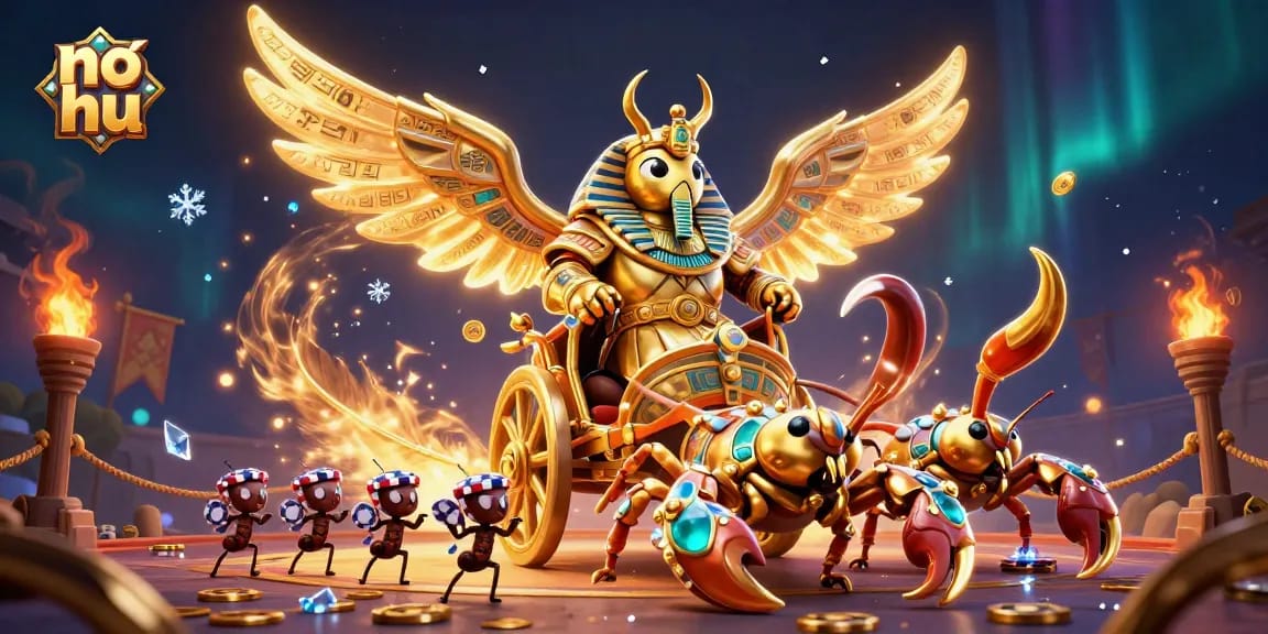 No hu jackpot slots adventure featuring a colossal golden scarab beetle with poker chips in a dynamic casino scene.