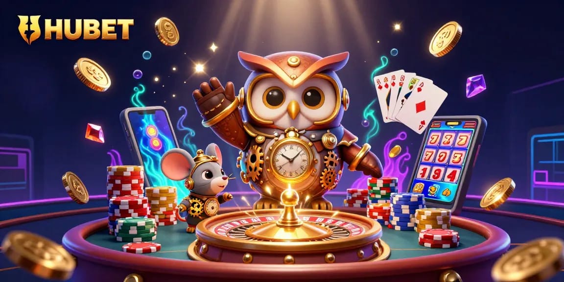 HUBET features a 3D cartoon owl and mouse enjoying vibrant online casino games amid cascading coins.