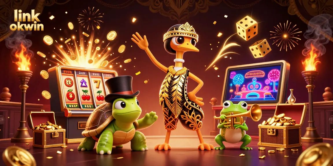Experience thrilling games at link okwin with a vibrant 3D casino scene featuring engaging characters.