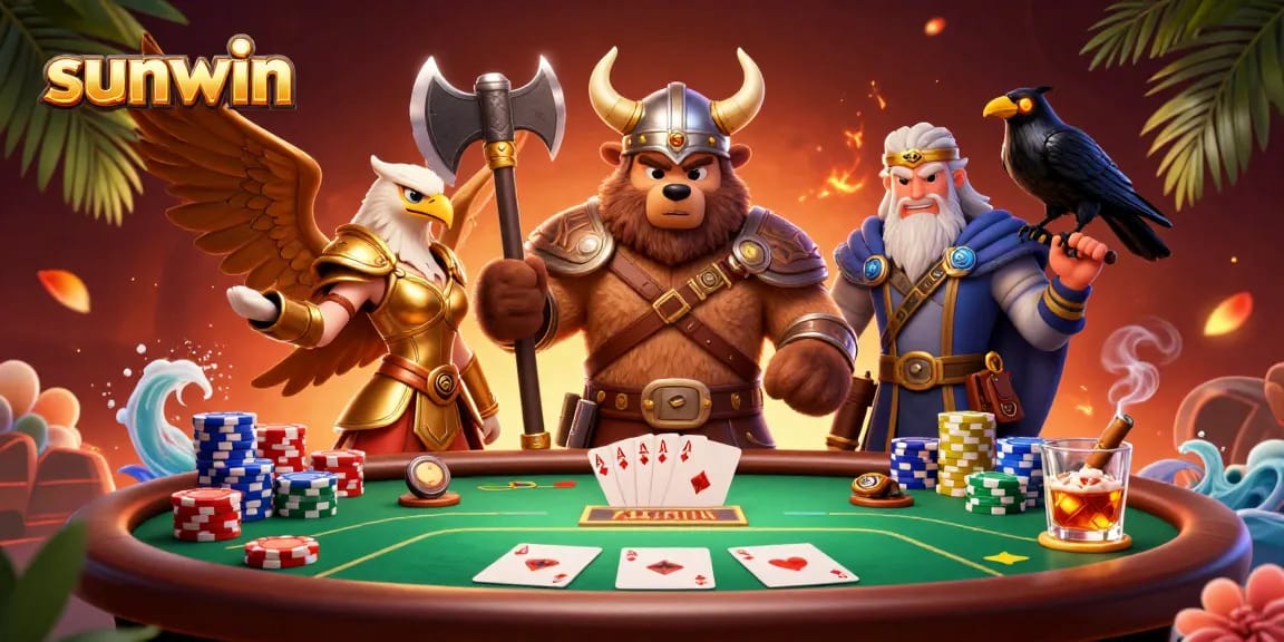 Experience the thrill of gambling with sunwin in this vibrant casino illustration featuring a Viking bear and Valkyrie eagle.