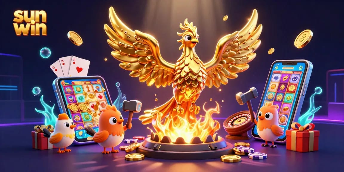 Experience thrilling wins with sun win through a vibrant 3D casino scene featuring a golden phoenix.