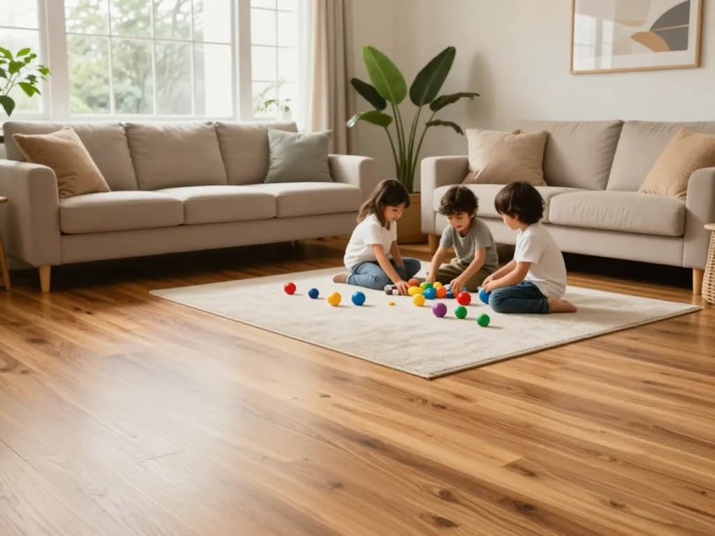 Family enjoying their new hardwood flooring at home, highlighting local flooring specialists near me.