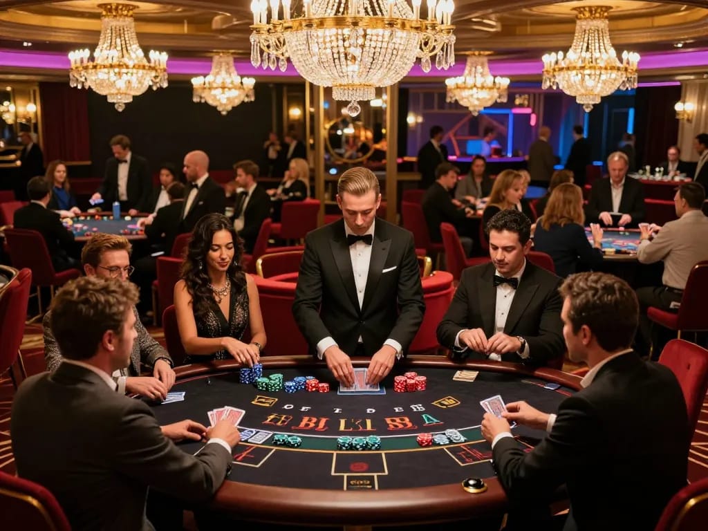 Players enjoying an engaging blackjack game at LV88 casino, showcasing vibrant atmosphere and excited interactions.