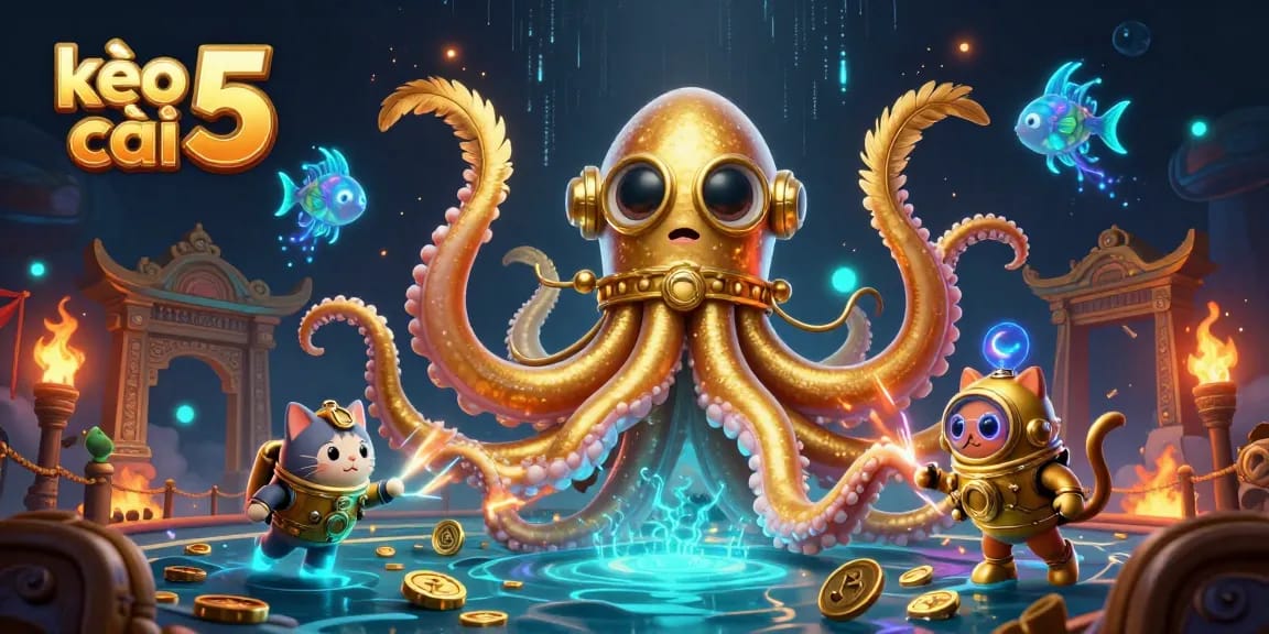 Experience kèo nhà cái 5 with thrilling adventures featuring a kraken and diving cat in a vibrant casino scene.