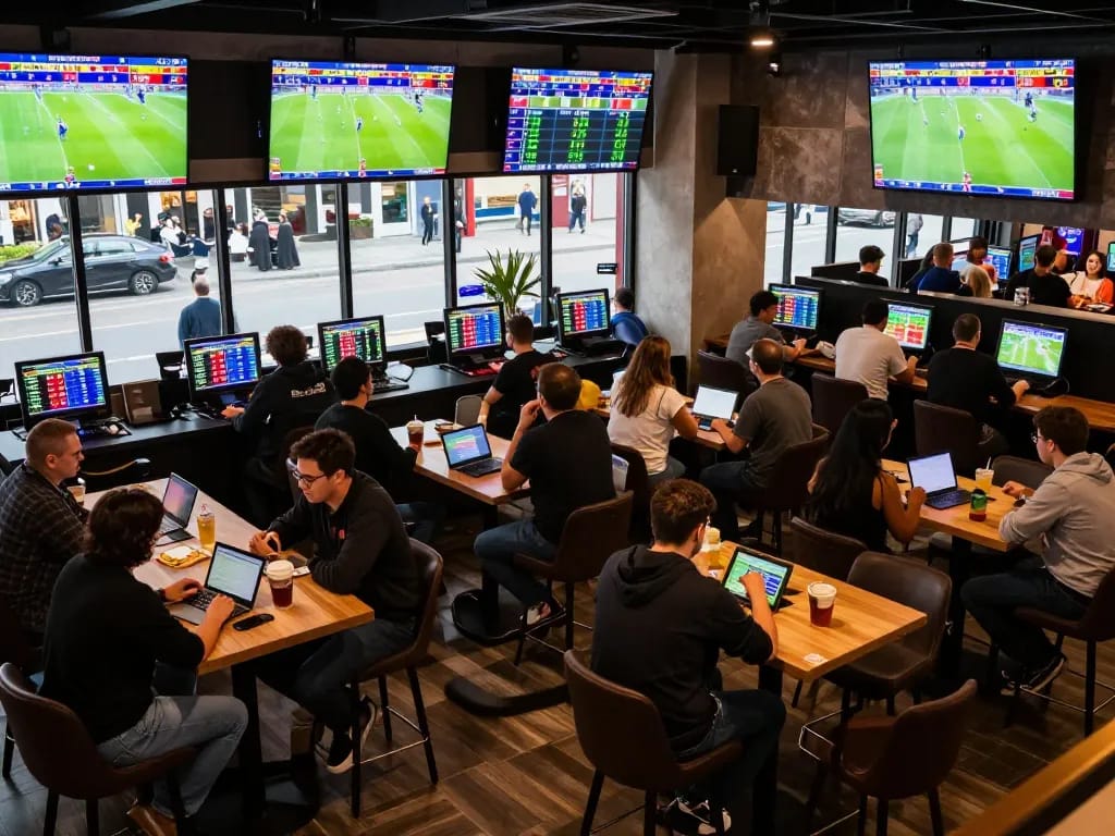 Watching live ผลบอลสด scores while placing bets in a vibrant sports betting lounge.