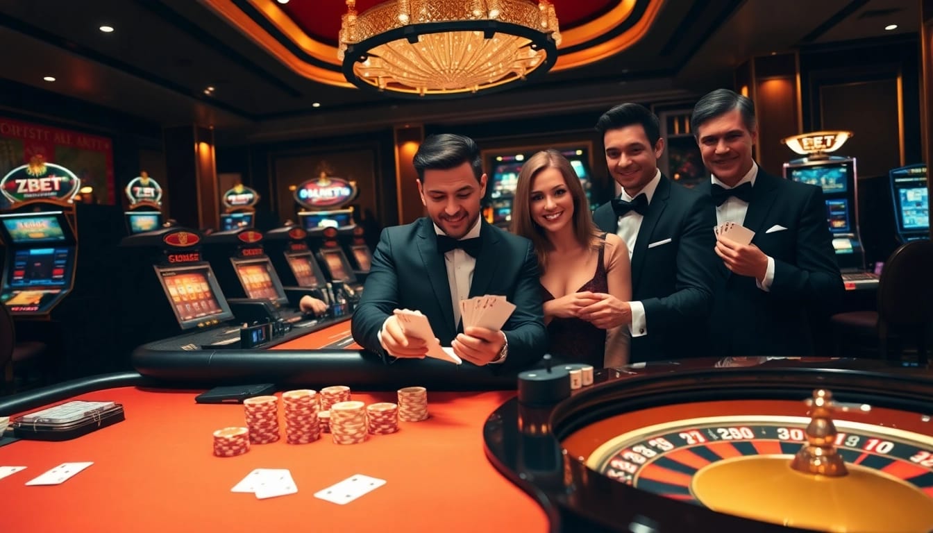 ZBET enthusiasts engaging in high-stakes casino action at a luxurious gaming table.