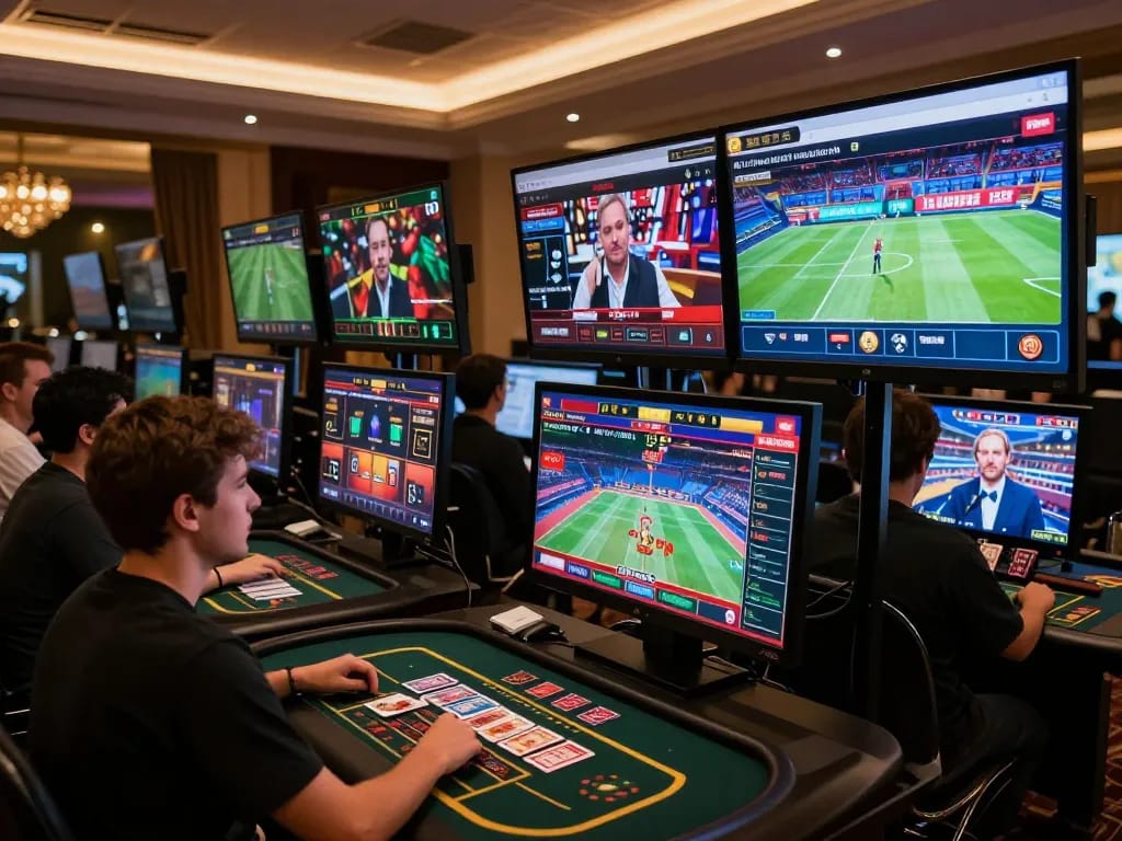 Sbobet gameplay showcasing exciting betting options on multiple devices, vibrant online casino atmosphere