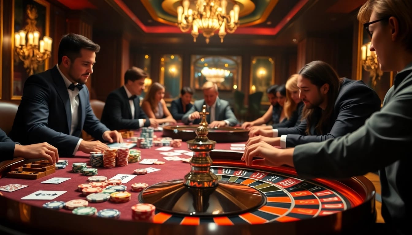 Players enjoying high-stakes gaming at Nhà cái 8DAY casino table with vibrant chips and cards.