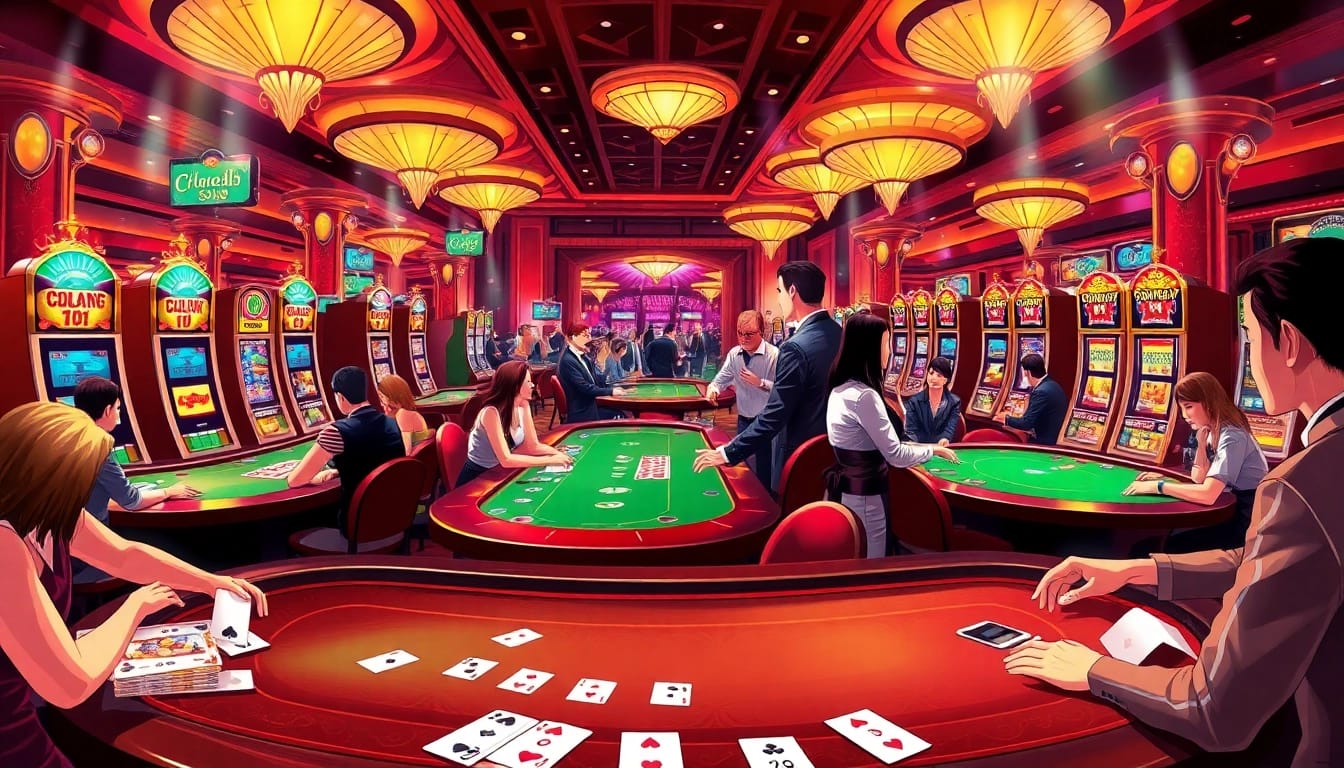 Gamblers engaging in thrilling games at a casino while showcasing hoathinh3d inspired vibrant designs.