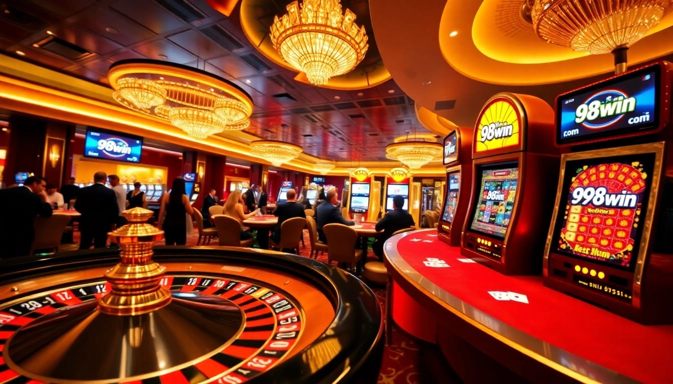 Experience the excitement at 98win com, with players engaging at a luxury casino gaming table.