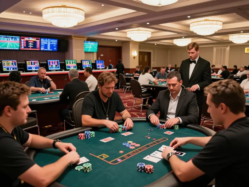 Players engaging in thrilling poker games at okfun casino, vibrant atmosphere filled with gambling excitement.