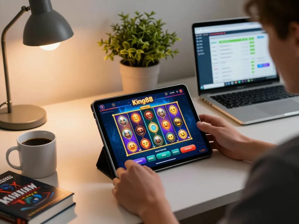 Engaging with King88 app on tablet during a cozy home gaming session, showcasing online gambling.