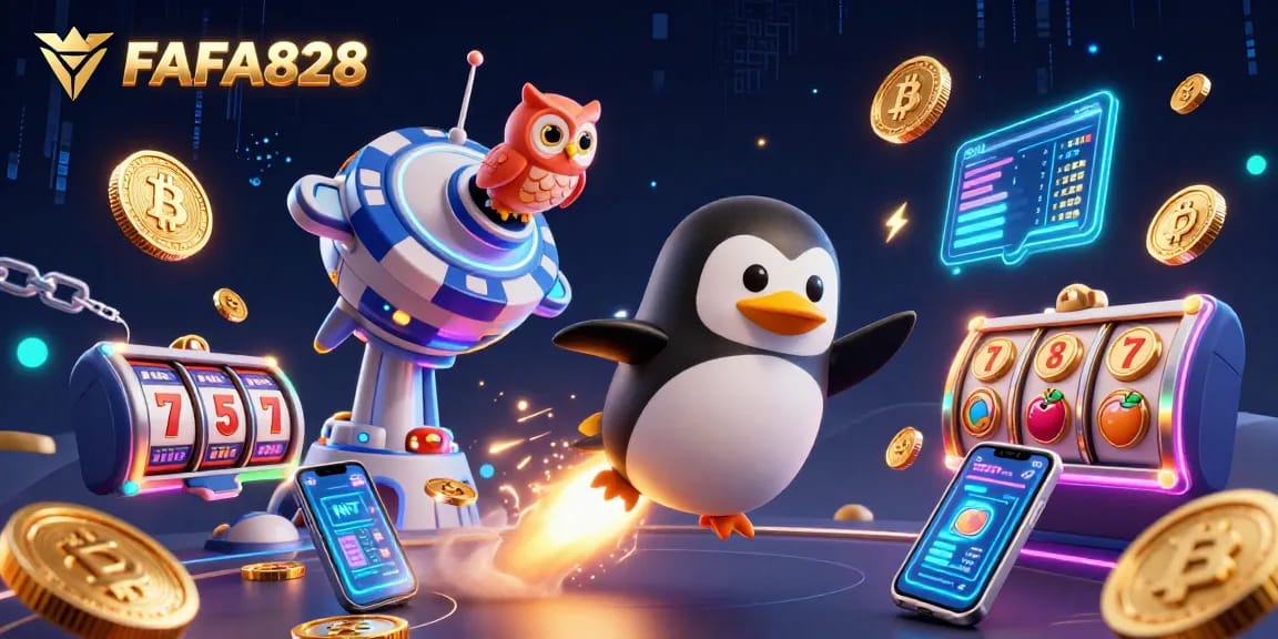Win big at FAFA828 with a dynamic 3D illustration featuring a golden penguin and slot elements