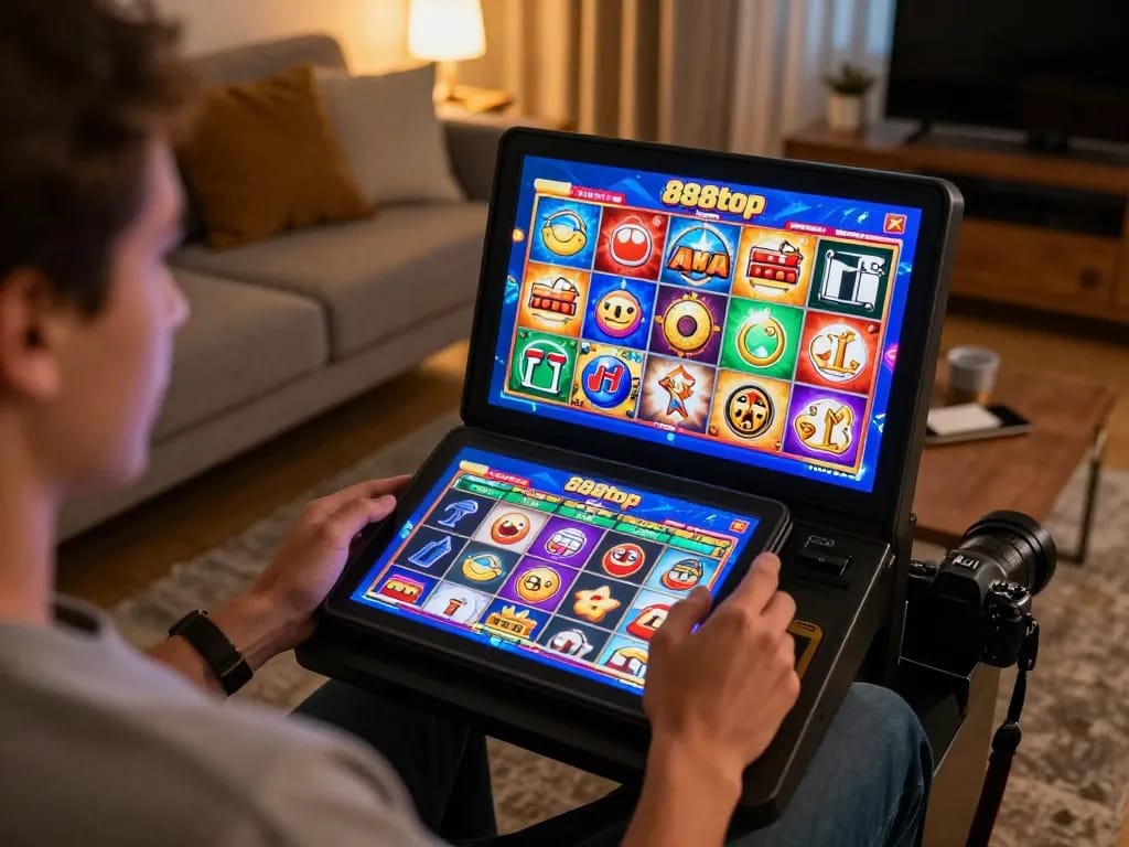 Player enjoying colorful slots on their tablet at home on 888top, showcasing vibrant gaming experience.
