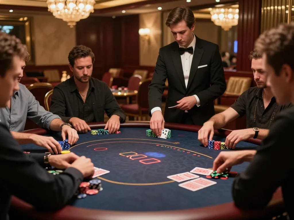 Players enjoying a high-stakes game at a QQ88 luxury poker table in an upscale casino