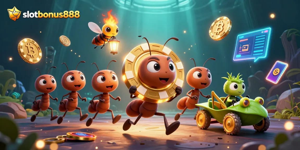 Join the slotbonus888 heist with ants carrying a giant poker chip amid vibrant casino elements.