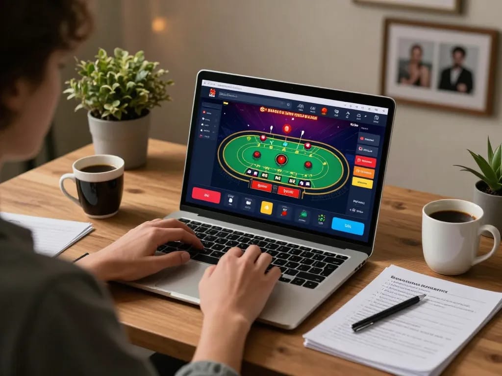 Engaging in x88 online gambling with a live dealer game on a laptop in a stylish home office.