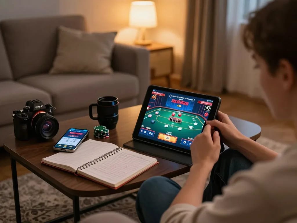 Player immersed in online poker gaming on tablet, highlighting 88aa gaming strategies and cozy home atmosphere.