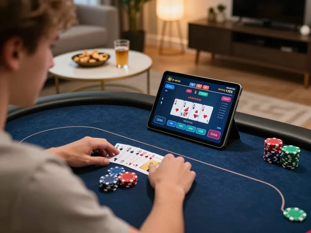 Luck8 user playing an online poker game on a tablet in a cozy living room