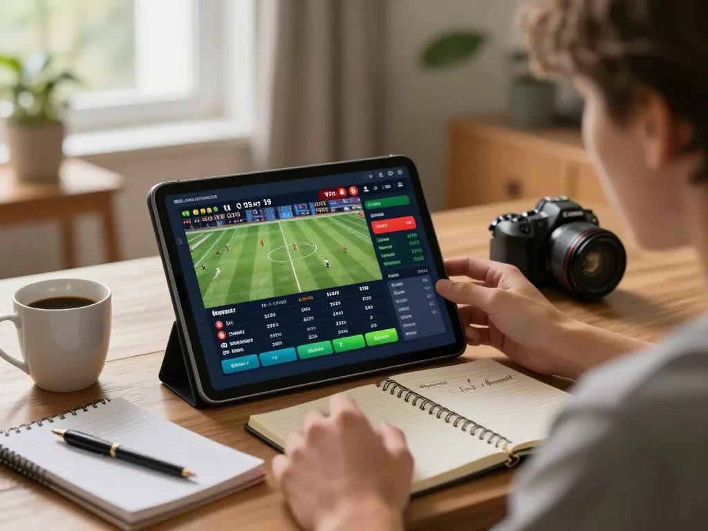 Engaging scene of a player using kp88 for live sports betting, surrounded by a cozy home setup and strategic notes.