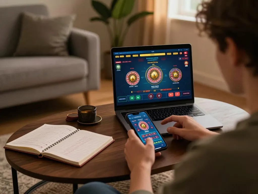 Engaging in online casino games at home with ok365, showcasing live dealer gameplay and strategic notes.