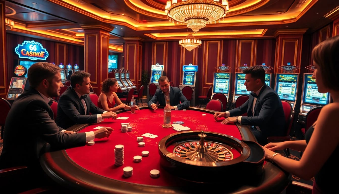 A thrilling game night at https://okwin68.net/ with poker players and luxurious casino elements.